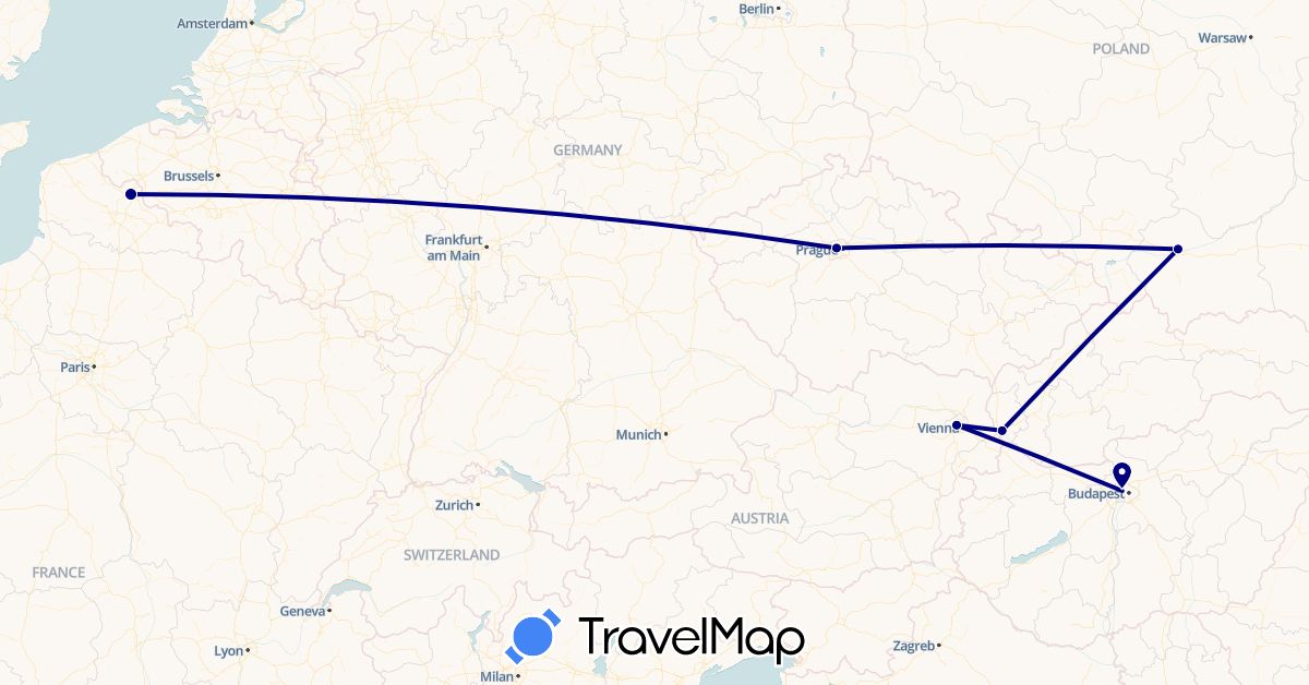 TravelMap itinerary: driving in Austria, Czech Republic, France, Hungary, Poland, Slovakia (Europe)